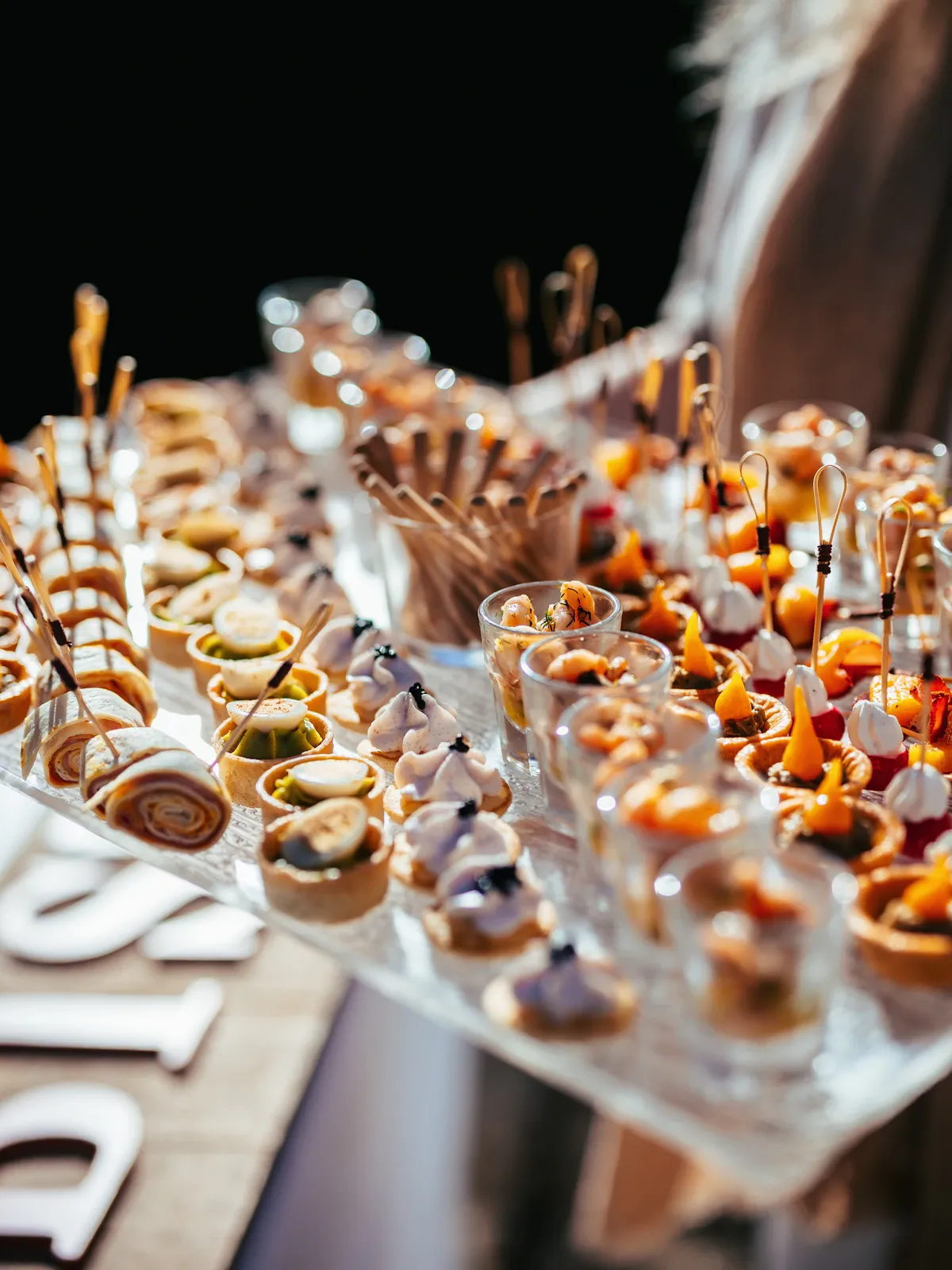 Trays of canapes and small bites on a catering display